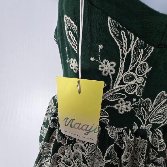 Maaji Mini Dress Green with Ivory Embroidered Flowers Smocked Back Straps M NEW - Picture 5 of 10